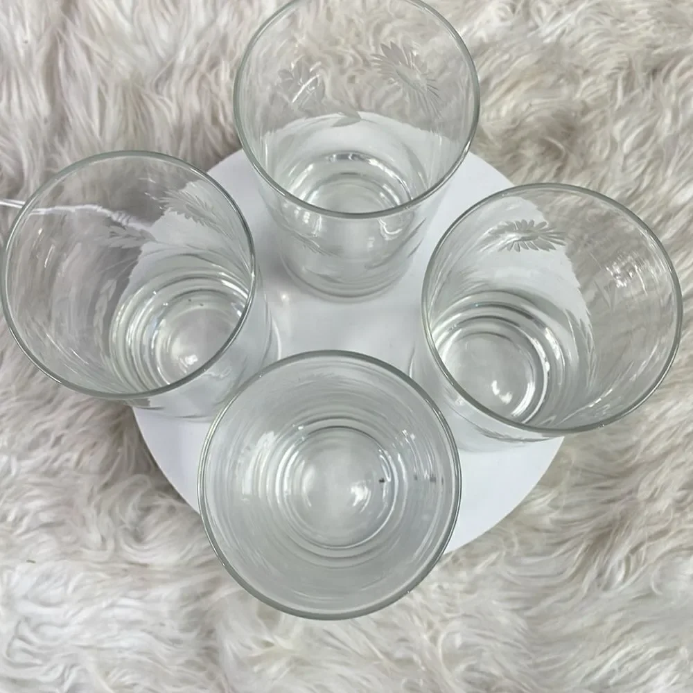 Floral Etched Glassware, Set of 4, Clear Glass , 8 oz